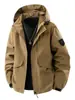 Chaqueta casual para exteriores con capucha desmontable, parches en los brazos, a prueba de viento, cómoda, puños ajustables de velcro, diseño entallado