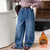 Calça Jeans Outono e Inverno para Meninas 2026 Novo Estilo Coreano Casual para Crianças Médias e Grandes Calças Compridas Acolchoadas com Lã Patchwork