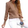 Suéter de Punto de Manga Larga Color Caqui con Cuello en V y Borde Tejido para Otoño e Invierno para Mujer, Elegante Jersey de Punto Ajustado Retro Adelgazante