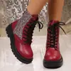 Novas Botas Martin de Cadarço com Renda e Lantejoulas Outono 2025 para Mulheres, Tamanho Grande, Plataforma de Solado Grosso, Emagrecimento, Estilo Europeu e Americano, Botas Curtas de Bico Redondo