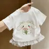 Camiseta de Manga Corta Dopamina Dibujos Animados para Niña Verano Estilo Coreano Bebé Niña Encaje Casual Versátil Elegante Top