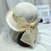 Chapéu de Palha Elegante Estilo Coreano com Laço de Organza para Mulheres, Chapéu de Verão tipo Bacia com Franja para Viagem, Chapéu de Sol para Praia