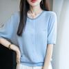 2025 Nuevo Verano Tencel Lyocell Cuello Redondo Punto Manga Tres Cuartos para Mujer Combinación de Colores Holgado Versátil Top