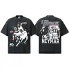 Neymar NEYMAR Estrella de Fútbol Retro Americano Lavado Peso Pesado Desgastado Manga Corta Camiseta Transfronteriza Hombres y Mujeres Media Manga Tendencia