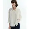 SEM RESTRICÇÃO Camisa Feminina com Gola V de Babados Franceses, Manga Três Quartos, para o Trabalho, Levemente Transparente, Pregas de Franzido, Blusa com Cordão