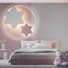Papel Tapiz Moderno Minimalista de Estrellas Rayadas para Dormitorio de Niñas, Serie Rosa de Dibujos Animados Nórdicos 3D Cubierta de Pared para Habitación Infantil