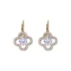 Juego de Joyería: Collar de Cobre Puro Trébol de Cuatro Hojas Incrustado con Diamantes, Cadena Clavicular Floral de Moda, Pendientes de Zirconia Trébol de Cuatro Hojas