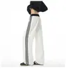 Calça de moletom casual feminina estilo retrô americano, cintura alta, corte justo, perna reta, com design de retalhos listrados e perna larga