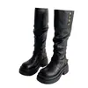 Botas Pretas de Solado Grosso para Mulheres 2025 Novo Estilo Retrô Britânico Outono Aumentando a Altura e Emagrecendo o Visual Botas de Cavaleiro Dois-Usos
