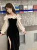 Vestido de Noche de un Hombro Banquete Negro Elegante Gama Alta Nicho Socialité Volantes Presentador Abertura Falda Larga