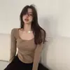 Camiseta Básica de Manga Larga de Color Sólido para Mujer, Top Casual con Cuello en U Amplio, Estilo Delgado Otoño e Invierno, Moda Ins para Mujer, Elegante Ropa de Oficina