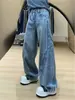 Jeans feminino estilo retro americano, modelagem relaxada, barra curva, lavagem, patchwork listrado, perna larga, solto, para primavera/outono 2026