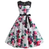 Cross-border verão retro feminino renda em torno do pescoço sem mangas costura flor impresso vestido de cinto preto c006