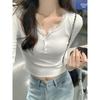 Diseño con Ribete de Encaje Chica Dulce Picante Deseo Puro Forro Polar Ajustado Camiseta Base para Mujer Top de Manga Larga Medio Abierto Camiseta Interior