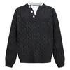 Suéter para hombre con cuello Henley, diseño falso de dos piezas, tejido de punto trenzado, grueso, corte holgado, estilo jersey, con forro interior blanco y cuello de contraste, ropa de otoño e invierno para hombre