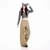 Pantalones vaqueros para mujer transfronterizos, pantalones caqui de pierna ancha holgados estilo americano hasta el suelo, longitud extendida caqui con teñido de patrón de primavera
