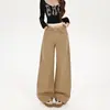Jeans Khaki Drapey de Perna Larga para Mulheres 2026, Novo Estilo, Caimento Solto, Calças Retas Emagrecedoras de Comprimento Total