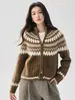 Cardigã de cashmere Fair Isle com zíper duplo para mulheres, apresentando gola alta, corte relaxed, design espessado e um padrão jacquard moderno com color blocking.