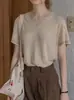 Camiseta transpirable de manga corta con mezcla de ramio y textura de copo de nieve, cuello en V bordado, elegante para ir al trabajo