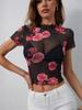 Camiseta Transpirable de Verano 2026 con Estampado Floral de Malla y Volantes de Manga Corta, Top Adelgazante para Mujer