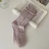 Calcetines de media pantorrilla sin costuras para primavera y otoño con puños de burbuja, moños en forma de capullo y pequeños diseños florales, calcetines holgados de estilo japonés de moda para niñas