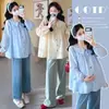 Ropa de Otoño para Maternidad Sencilla Casual Cuello Peter Pan Manga Larga Moda Top con Volantes y Retazos Camisa de Otoño Otoño