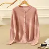 Suéter de Punto Fino 100% Cachemira para Mujer Cuello Redondo Hebilla Pequeña Holgado Casual Cardigan Chaqueta de Moda Versátil Rosa