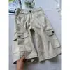 Pantalones Vaqueros de Bolsillo de Nuevo Diseño de Moda, de Longitud Media, Control de Abdomen, Pierna Ancha Holgada, Color Beige, Pantalones Cortos para Mujer para Ropa de Exterior