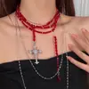 Dulce y Fresco Sexy Gótico Estilo Oscuro Collar de Cruz de Cuentas Rojas Multicapa Cadena para Clavícula con Borla Personalizada