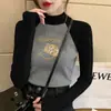 Gola Alta Meia Manga Estilo Coreano Novo Veludo Alemão Camiseta Básica Outono e Inverno Cinza Ombro Direito Slim Fit Manga Raglan Feminina Manga Longa