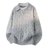 Suéter retro de punto trenzado estilo francés para hombre, nueva colección otoño e invierno, estilo holgado y casual, con cuello camisero y diseño de dos piezas falso