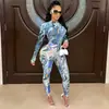 C5505 Aliexpress Amazon Wish Moda Cuello Redondo Pintado Cremallera Manga Larga Pantalones Largos Malla Transparente Conjunto de Dos Piezas