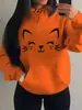 Moletom Feminino Longo de Lã para Primavera 2026 Moda Outono Inverno Moletom Casual Feminino com Bolso e Design de Gato Feliz