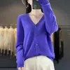 Cárdigan de punto sin costuras de una pieza para otoño e invierno, cuello en V, 100% lana tejida, color liso, chaqueta superior de estilo coreano simple para mujer