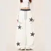 Calça de moletom esportiva retro americana com estampa de leopardo e bordado de estrela para homens e mulheres, calça longa casual larga reta solta para primavera e outono