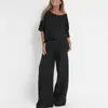 Pantalones de Bolsillo de Moda Casual Conjunto de Playa Conjunto de Jersey de Manga Corta Primavera y Verano Conjunto de Dos Piezas de Color Sólido de Lino Sintético para Mujer