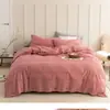 Juego de Cuatro Piezas de Algodón Puro Estilo Japonés de Lujo Ligero, Estilo Sencillo, Funda Nórdica con Tejido Jacquard Lavado, Funda de Colcha, Sábana Ajustable, Sábana Plana, Ropa de Cama