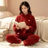 Inverno Quente Venda Nova Pijama Feminino Forrado de Lã Flanela Espessa Solto Confortável Gola Alta Roupa de Casa Conjunto com Zíper