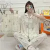 Conjunto de Pijama de Algodão Nuvem para Mulheres, Três Peças, Primavera/Verão, Cardigã com Lapela, Manga Curta, Shorts, Calça Longa, Roupa de Casa Casual para Adolescentes, Alto Volume