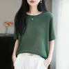 Estilo novo de verão Lyocell linho gola redonda malha manga curta feminina cor sólida bainha dobrada modelagem solta camiseta básica