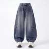 Calça Cropped Wide Leg Feminina 2026 Nova Coleção Primavera Estilo Coreano Jeans Wide Leg Solto Primavera Crianças Médias e Grandes Calça Longa Versátil Tendência