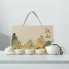 Caja de Regalo Cultural y Creativa Guochao para Juego de Té Kung Fu Cerámica Una Tetera Cuatro Tazas Actividad del Festival de Mediados de Otoño Recuerdo Estampado de Logotipo