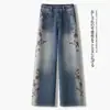 Nuevos pantalones vaqueros anchos para mujer con bordado pesado floral estilo chino, nuevo diseño de cintura alta para primavera/otoño 2026, pantalones rectos