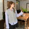 Leite Estilo Desgaste terno Primavera Jovem-redutor Twist Cinza Colete de Malha Empilhado Camisa Listrada Moda Conjunto de Duas Peças