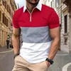 Camisas Polo Masculinas de Verão com Manga Curta Europeias e Americanas Transfronteiriças Impressão 3D Casuais Coloridas em Bloco com Zíper e Gola Polo