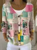 Nova blusa de moletom com botões, gola V, manga longa, estampada em 3D, estilo personalidade, solta, para outono e inverno, jaqueta suéter para mulheres