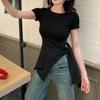 Foto Real del Diseño con Tirantes de Dobladillo Asimétrico, Camiseta de Manga Corta para Mujer, Nuevo Estilo de Verano, Cuello Redondo, Top de Longitud Media, Moderno