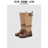 Botas de Tacón Cuadrado con Punta Redonda Pulida Estilo Retro para Mujer, Pantorrilla Ancha, Hebilla Delgada, Caña Alta, Botas de Jinete, Botas Largas