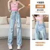 Calça Jeans Rasgada Feminina Outono Fina 2024 Primavera e Outono Nova Cintura Alta Calça Reta Americana Calça de Perna Larga Estreita