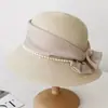 Sombrero de Paja Redondo con Lazo de Perla Estilo Francés Pequeño para Primavera y Verano Protección Solar Sombrero Cubo Sombrero de Pescador Estilo Coreano para Mujer Sombrero de Paja Tejido de Paja para Viaje